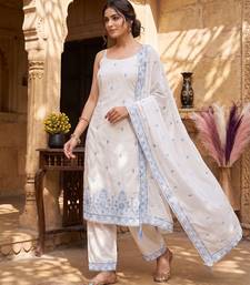 White & sky blue embroidered kurta pant set with maska cotton silk dupatta