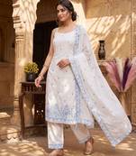 White & sky blue embroidered kurta pant set with maska cotton silk dupatta