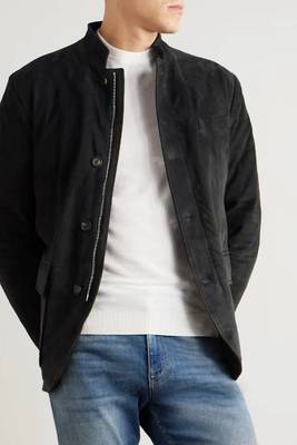 Men's black soft suede safari leather blazer jacket 2