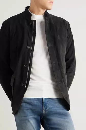 Men's black soft suede safari leather blazer jacket