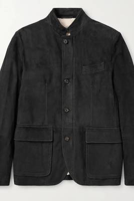 Men's black soft suede safari leather blazer jacket 4