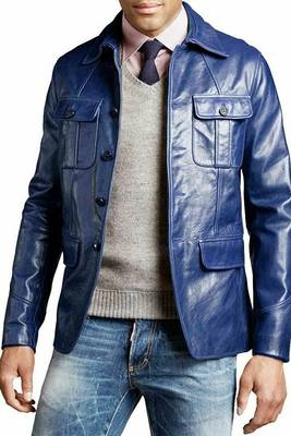 Men's genuine blue leather safari blazer field jacket 1