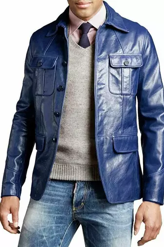 Men's genuine blue leather safari blazer field jacket