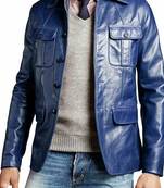 Men's genuine blue leather safari blazer field jacket