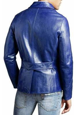 Men's genuine blue leather safari blazer field jacket 2
