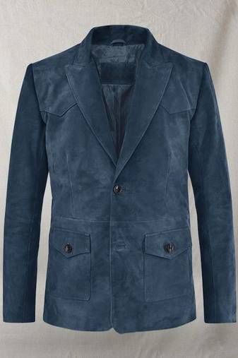 Men's blue soft suede leather western leather blazer