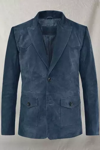 Men's blue soft suede leather western leather blazer