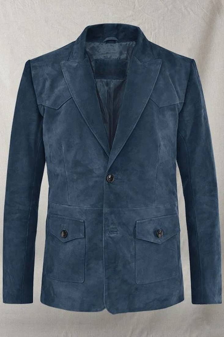 Men's blue soft suede leather western leather blazer