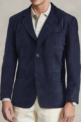 Men's genuine navy blue suede casual blazer coat 1