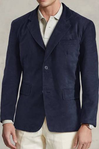 Men's genuine navy blue suede casual blazer coat