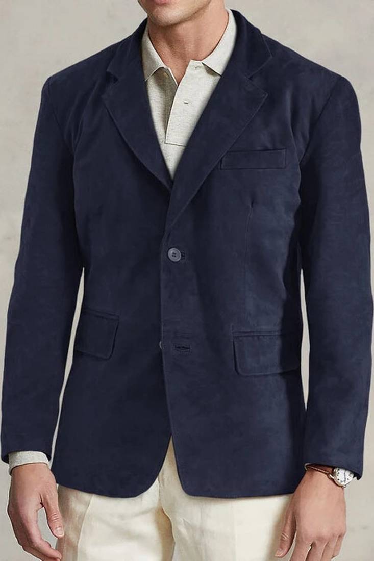 Men's genuine navy blue suede casual blazer coat