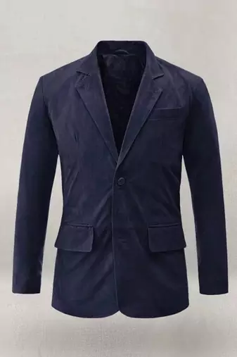Men's genuine navy blue suede casual blazer coat