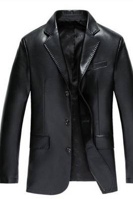 Men's black genuine leather two button casual blazer coat 1