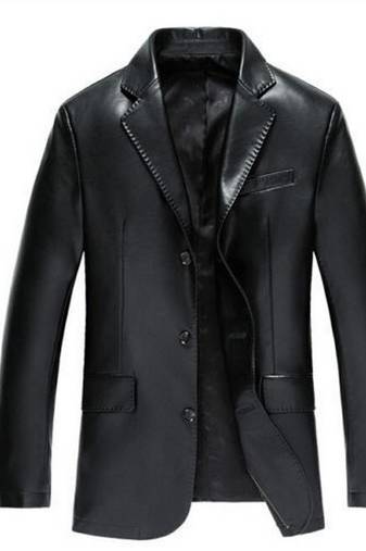 Men's black genuine leather two button casual blazer coat