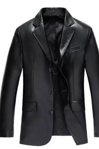 Men's black genuine leather two button casual blazer coat