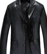 Men's black genuine leather two button casual blazer coat