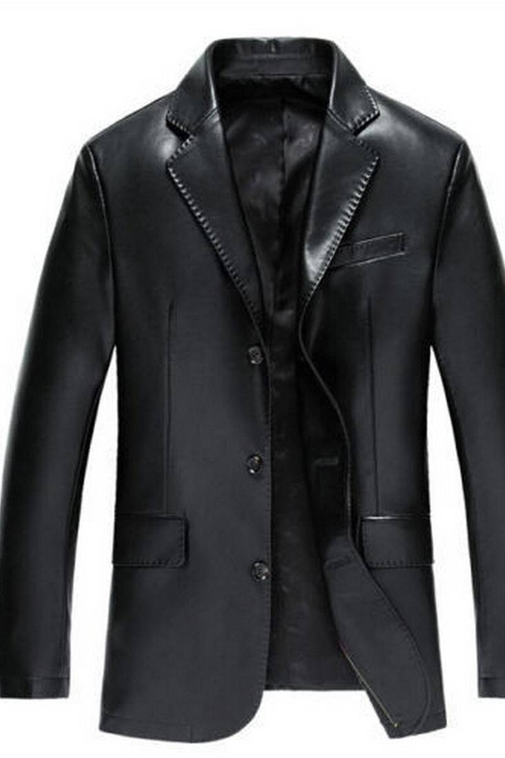 Men's black genuine leather two button casual blazer coat
