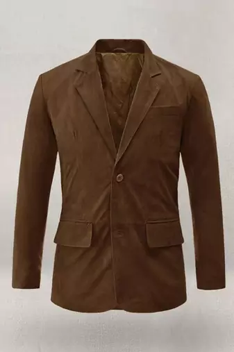 Men's real genuine lambskin brown suede leather blazer coat