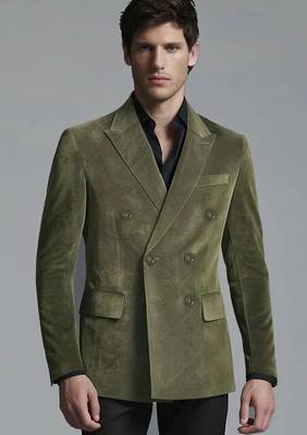 Men's olive green soft suede genuine leather double breasted blazer 1