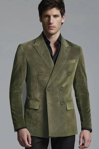 Men's olive green soft suede genuine leather double breasted blazer