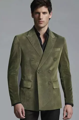 Men's olive green soft suede genuine leather double breasted blazer