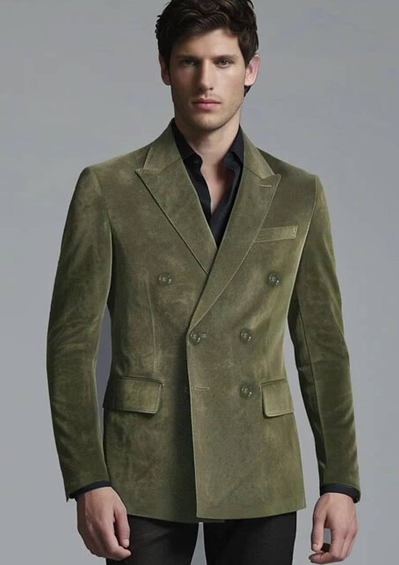 Men's olive green soft suede genuine leather double breasted blazer