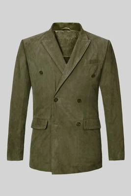 Men's olive green soft suede genuine leather double breasted blazer 2