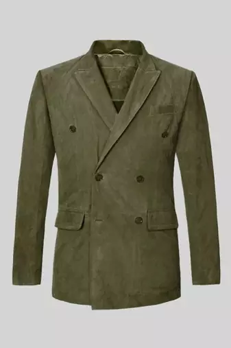 Men's olive green soft suede genuine leather double breasted blazer