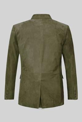 Men's olive green soft suede genuine leather double breasted blazer 3