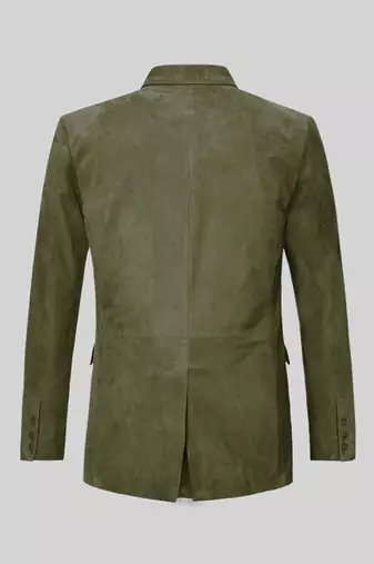 Men's olive green soft suede genuine leather double breasted blazer
