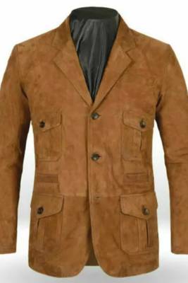 Men's genuine lambskin tan suede leather safari coat blazer 1