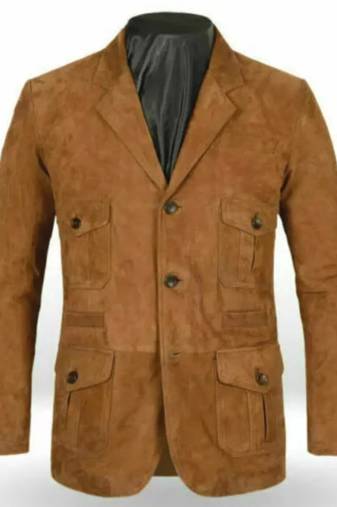 Men's genuine lambskin tan suede leather safari coat blazer