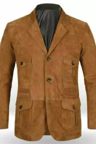 Men's genuine lambskin tan suede leather safari coat blazer