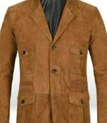Men's genuine lambskin tan suede leather safari coat blazer