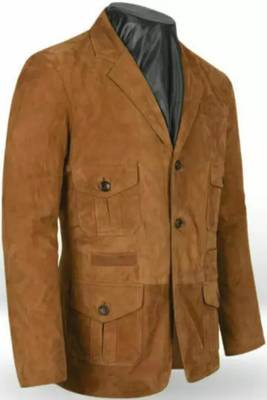 Men's genuine lambskin tan suede leather safari coat blazer 2