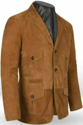 Men's genuine lambskin tan suede leather safari coat blazer