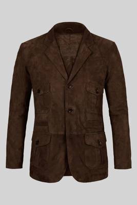Men's dark brown genuine suede leather safari coat blazer 1
