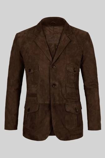 Men's dark brown genuine suede leather safari coat blazer