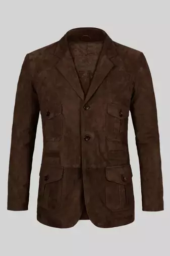 Men's dark brown genuine suede leather safari coat blazer