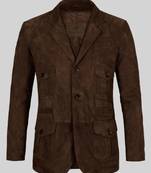 Men's dark brown genuine suede leather safari coat blazer