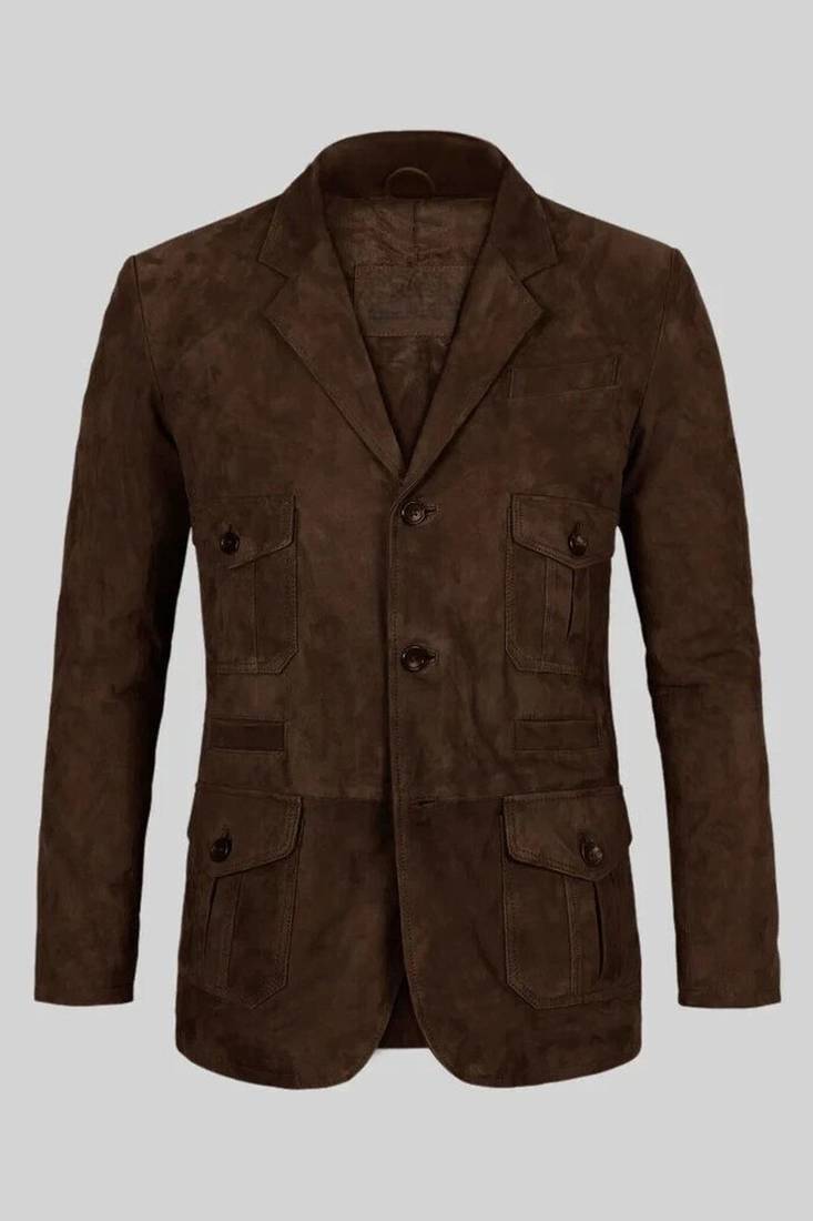 Men's dark brown genuine suede leather safari coat blazer