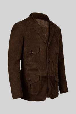 Men's dark brown genuine suede leather safari coat blazer 3