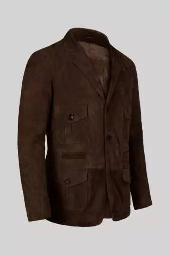 Men's dark brown genuine suede leather safari coat blazer
