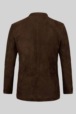 Men's dark brown genuine suede leather safari coat blazer 4