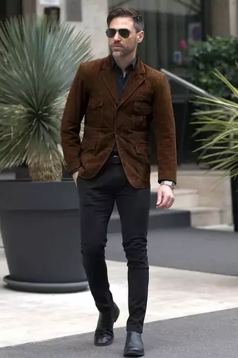 Men's dark brown genuine suede leather safari coat blazer