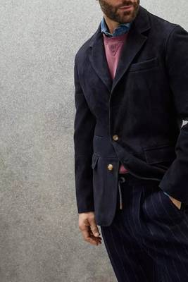 Men's real genuine navy blue suede leather classic blazer 1