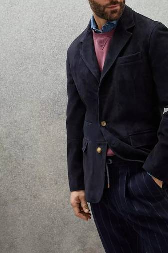 Men's real genuine navy blue suede leather classic blazer