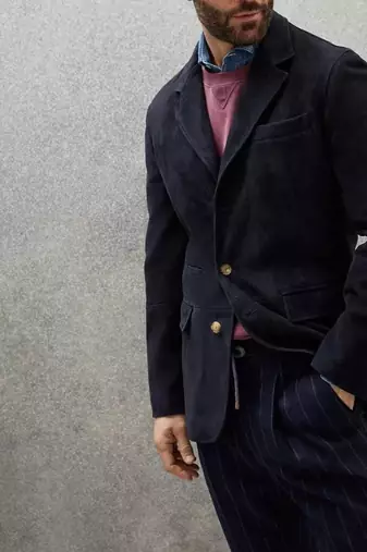 Men's real genuine navy blue suede leather classic blazer