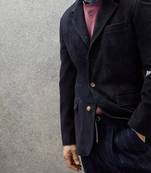 Men's real genuine navy blue suede leather classic blazer