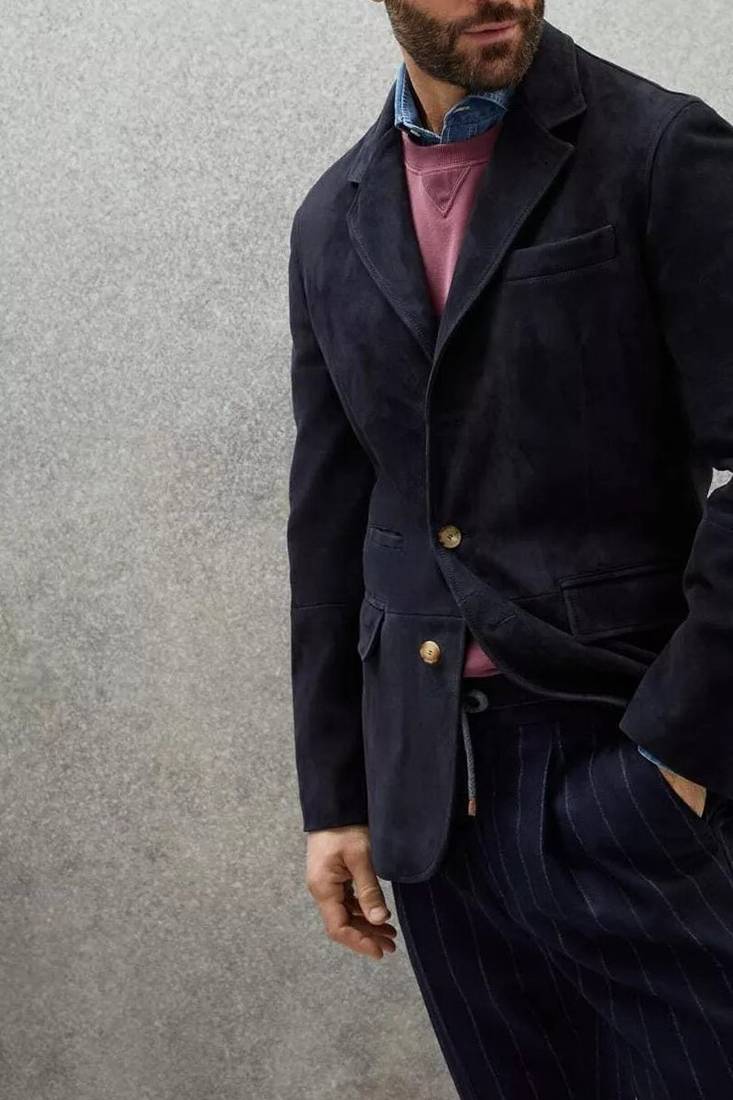 Men's real genuine navy blue suede leather classic blazer